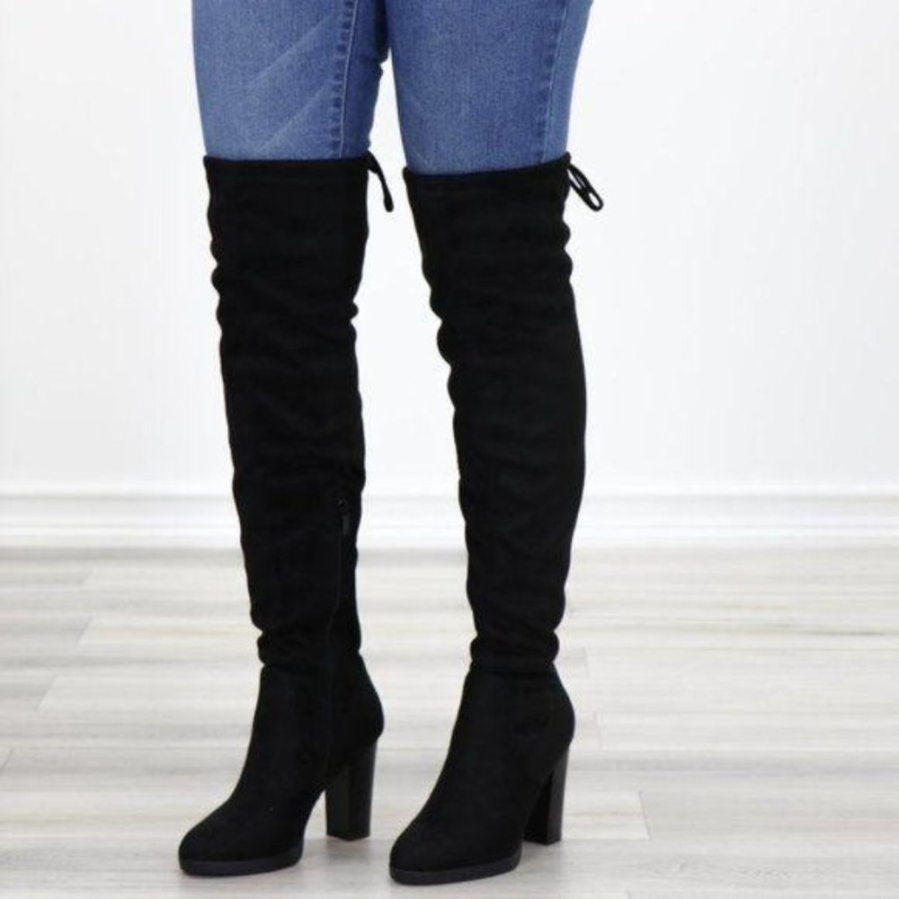 Tie Back Over Knee Heeled Sleek Boots Suede Black - Picture 4 of 15